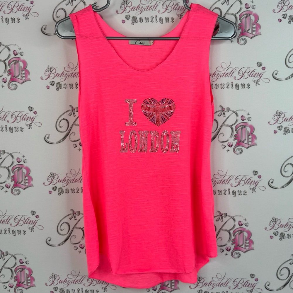 Eros tank top neon bling rhinestone diamond Vibrant Pink 'I Love London'